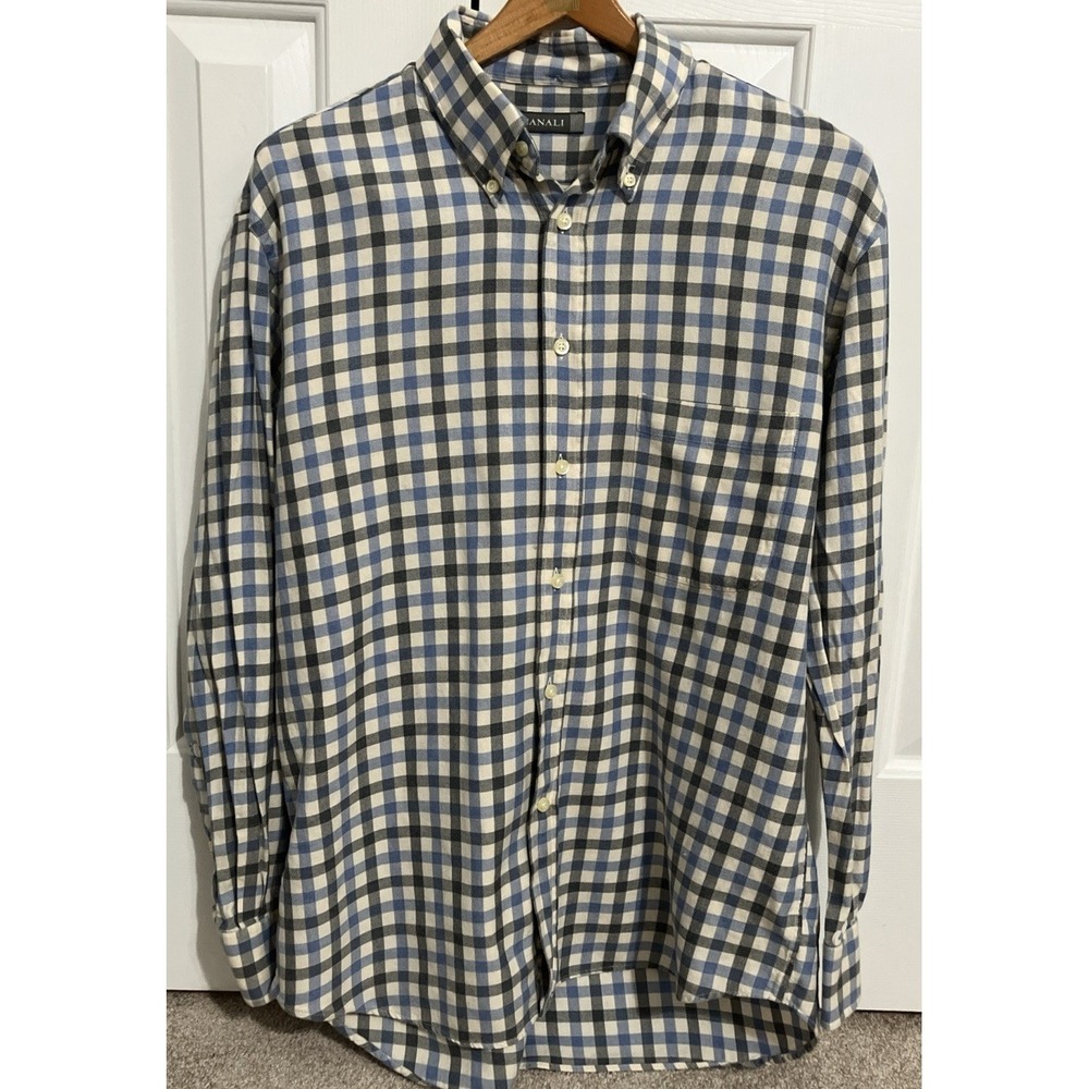 CANALI MADE IN ITALY MENS SIZE LARGE LUXURY DRESS SHIRT BLUE CHECK 100% COTTON